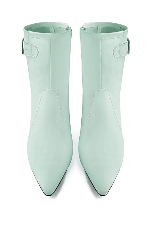 Aquamarine blue women's ankle boots with a zip on the inside. Tapered toe. Medium cone heels. Top view - Florence KOOIJMAN